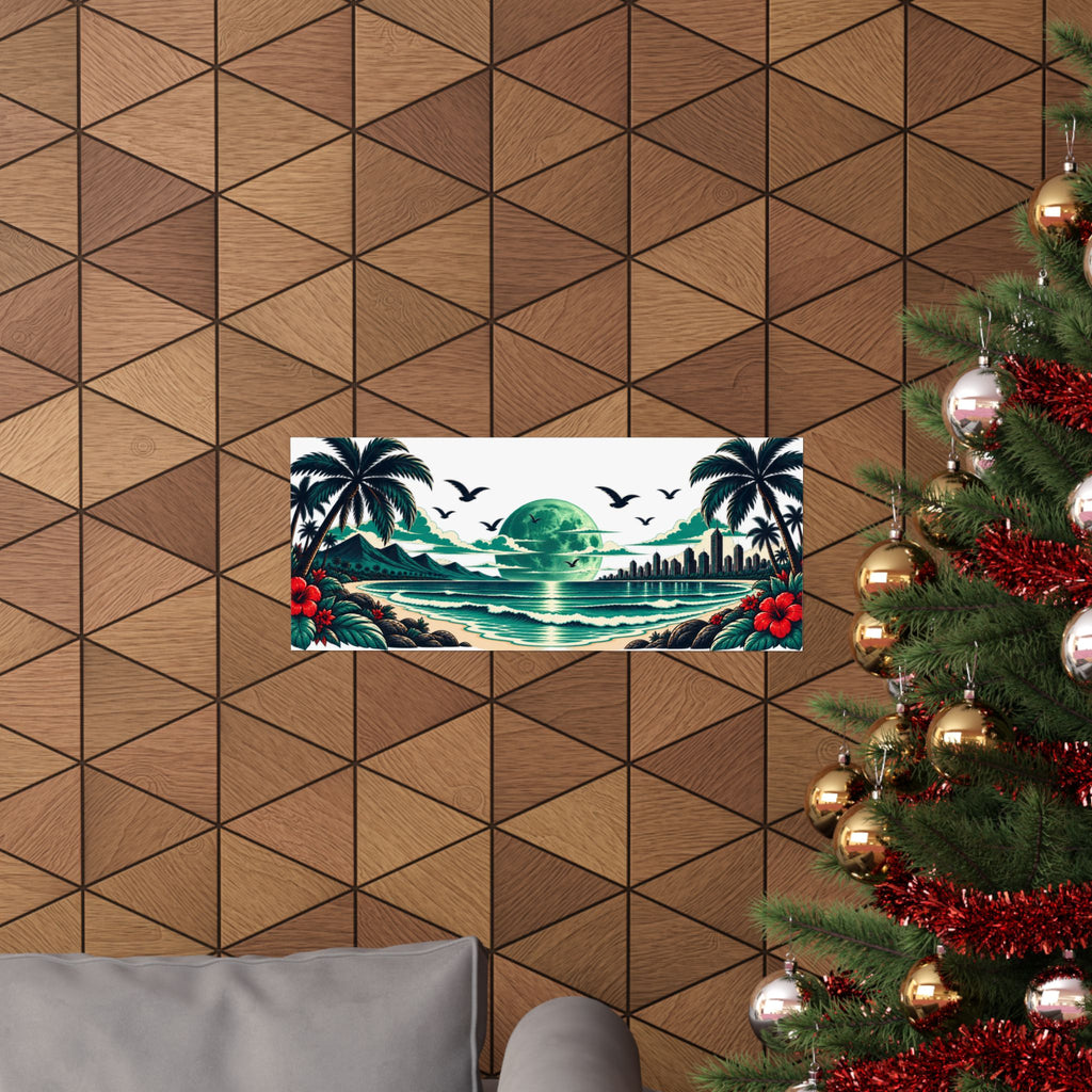 Tropical Beach Poster — Retro Green Moon Coastal Wall Art (Matte Horizontal)