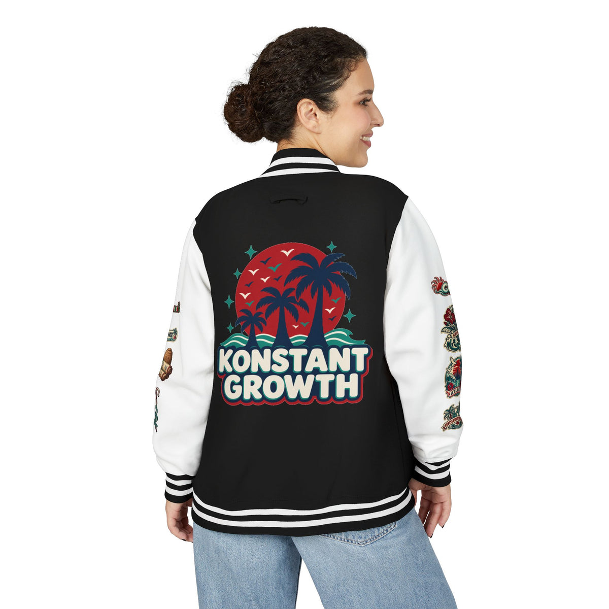 Letterman Jacket — "Konstant Growth" Palm Graphic with "Happiness Health Wealth" Chest Patch