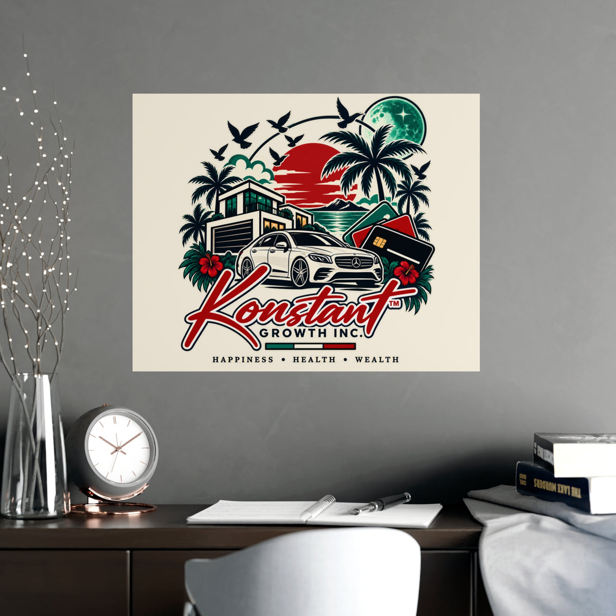 Konstant Growth Vintage Car & Palm Poster — Matte Wall Art (Happiness • Health • Wealth)