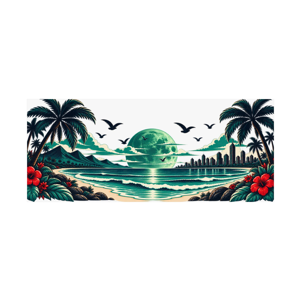 Tropical Beach Poster — Retro Green Moon Coastal Wall Art (Matte Horizontal)