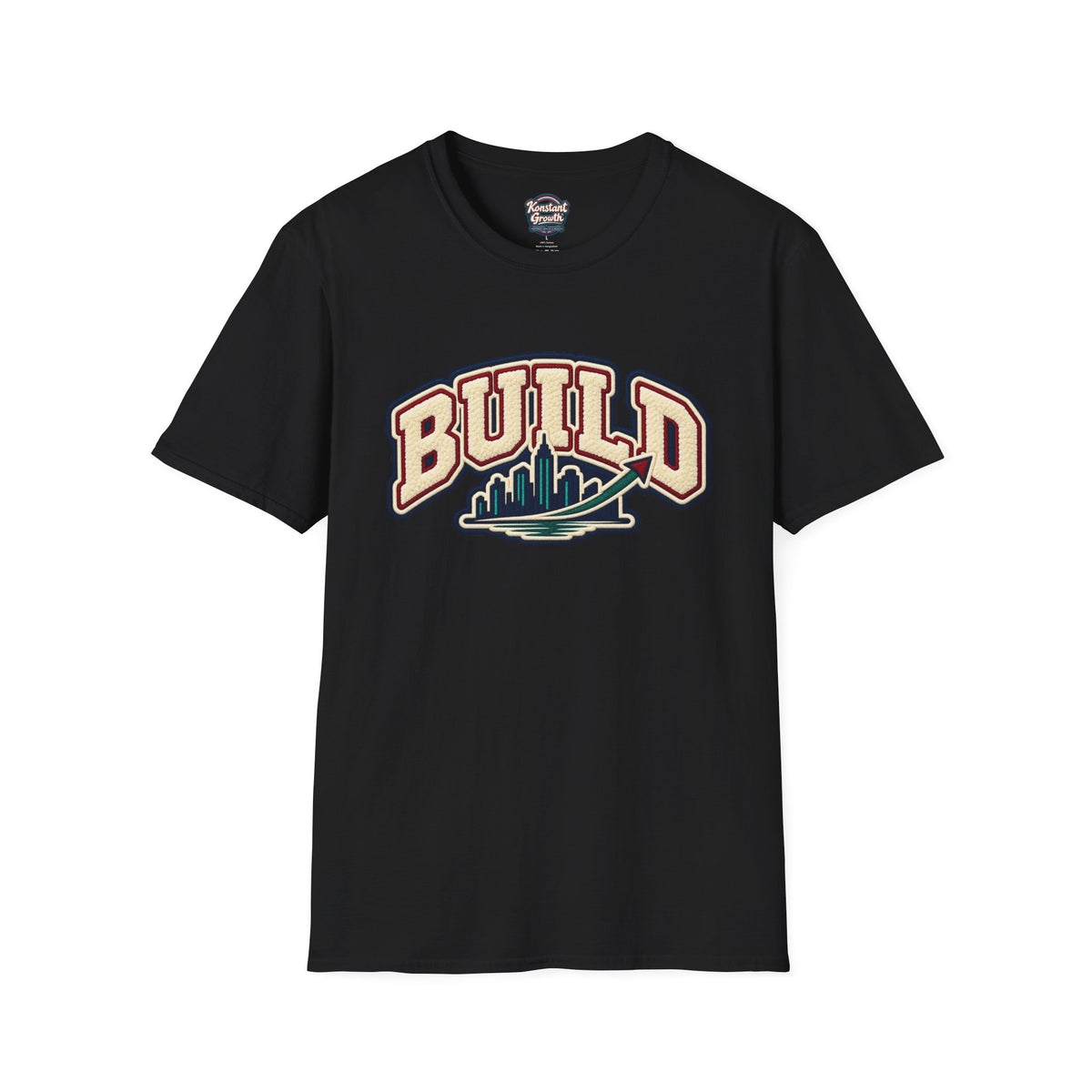 Build City Tee — Retro ‘BUILD’ Graphic T-Shirt with Coastal Cityscape Back Print Printify
