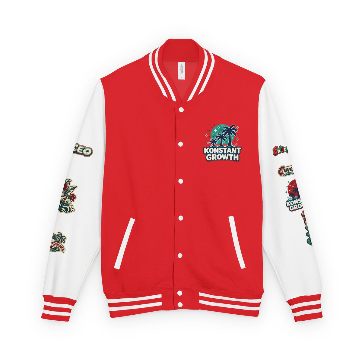 Letterman Jacket — "Konstant Growth" Palm Graphic with "Happiness Health Wealth" Chest Patch Printify