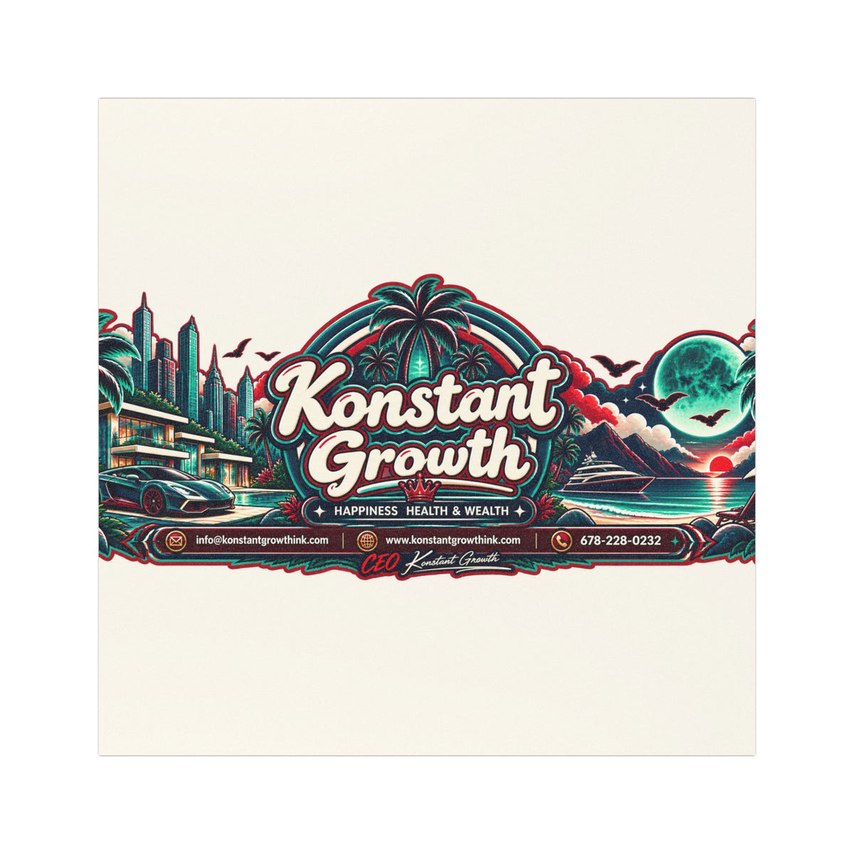 Konstant Growth logo Car Magnet | Retro neon skyline palm trees