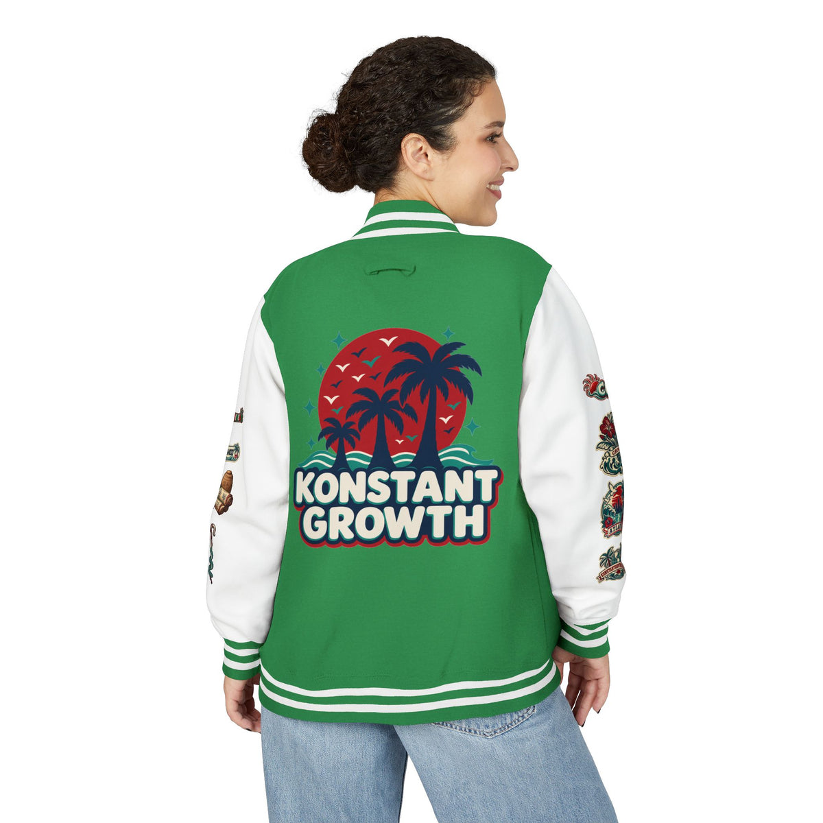 Letterman Jacket — "Konstant Growth" Palm Graphic with "Happiness Health Wealth" Chest Patch
