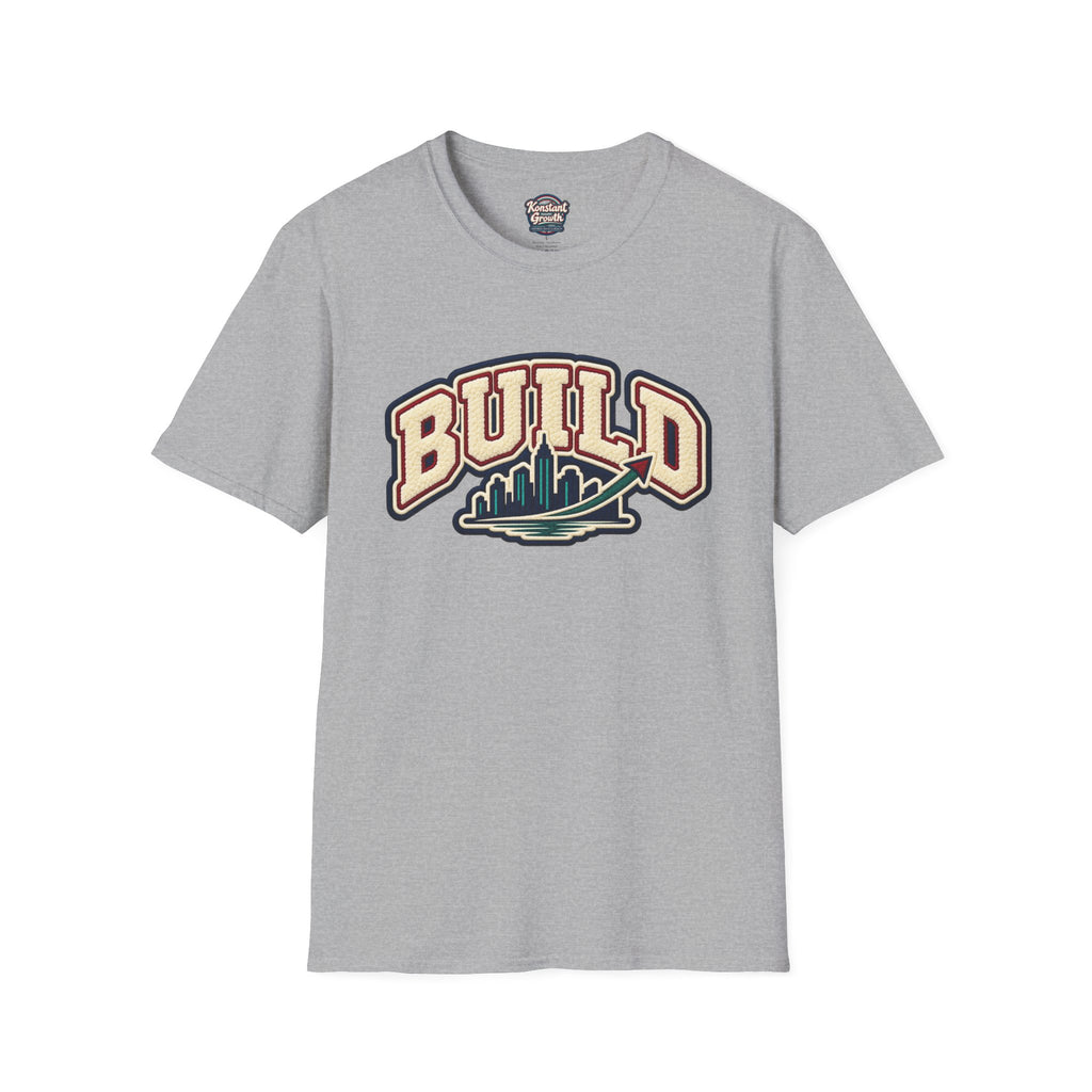 Build City Tee — Retro ‘BUILD’ Graphic T-Shirt with Coastal Cityscape Back Print