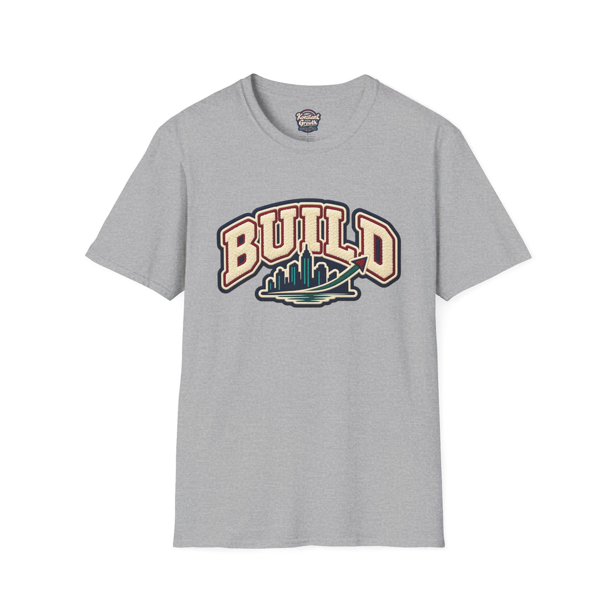 Build City Tee — Retro ‘BUILD’ Graphic T-Shirt with Coastal Cityscape Back Print
