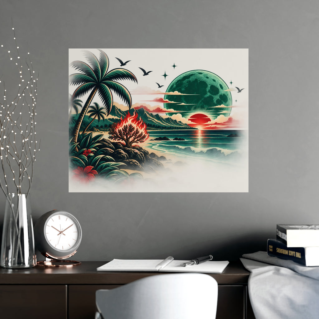 Tropical Moonrise Matte Poster — Retro Sunset Beach Art (Pre-Eclipse Red Sun, Green Moon)