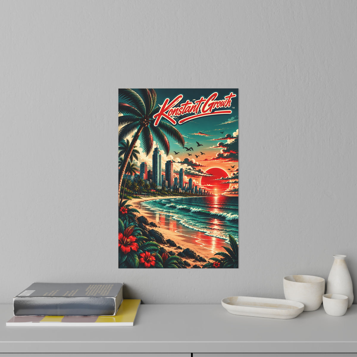 Beach Sunset Wall Decal — 'Konstant Growth' Tropical Cityscape Poster