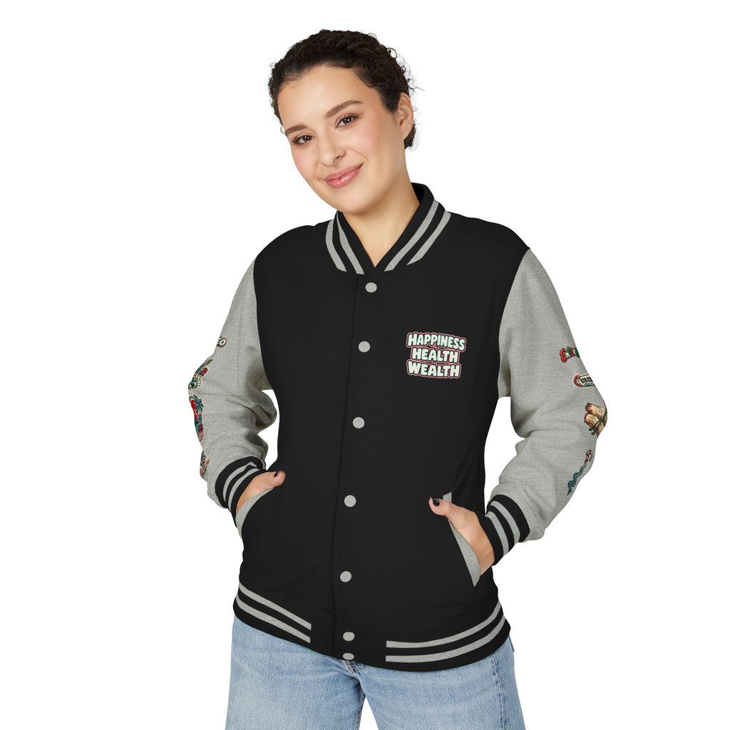 Letterman Jacket — "Konstant Growth" Palm Graphic with "Happiness Health Wealth" Chest Patch