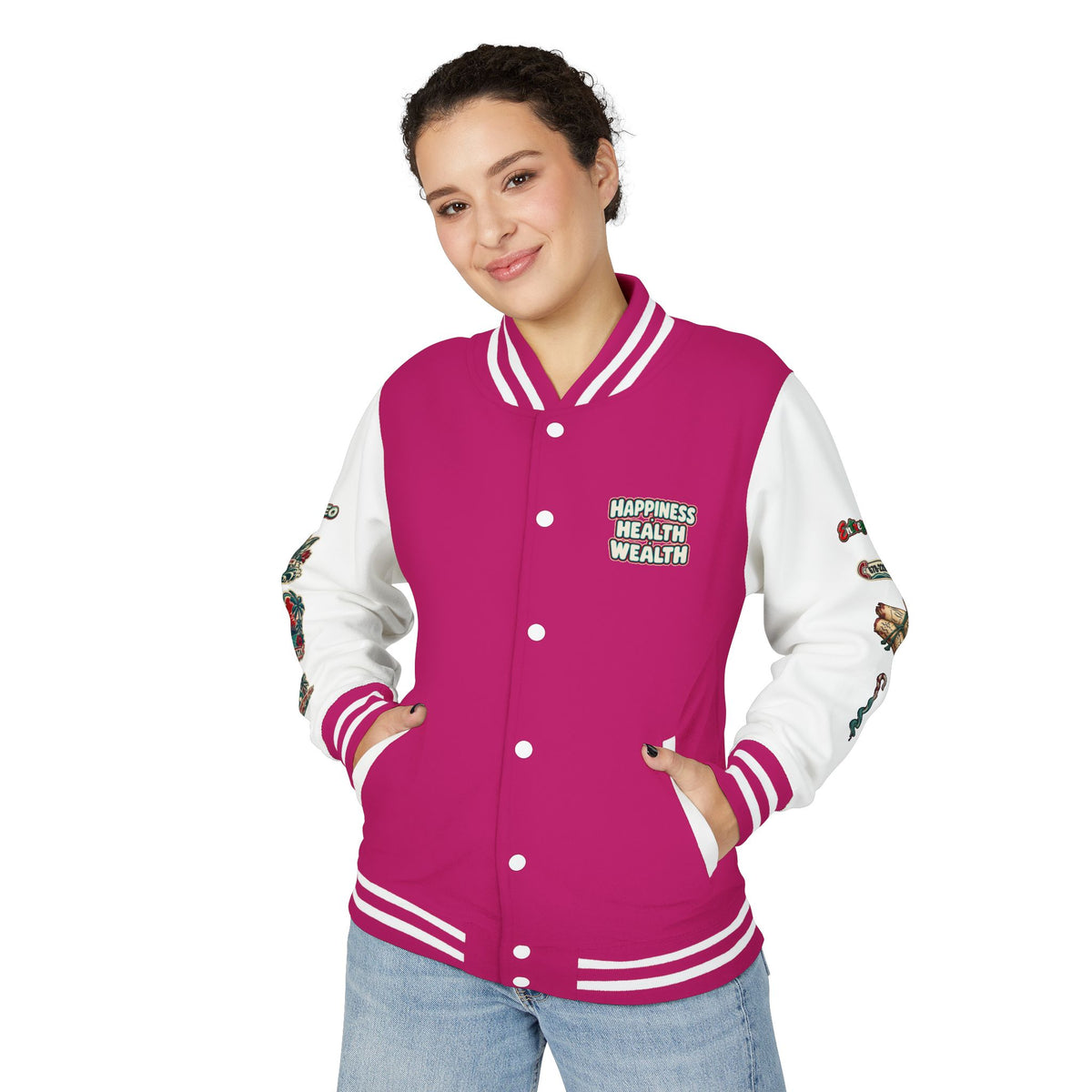 Letterman Jacket — "Konstant Growth" Palm Graphic with "Happiness Health Wealth" Chest Patch