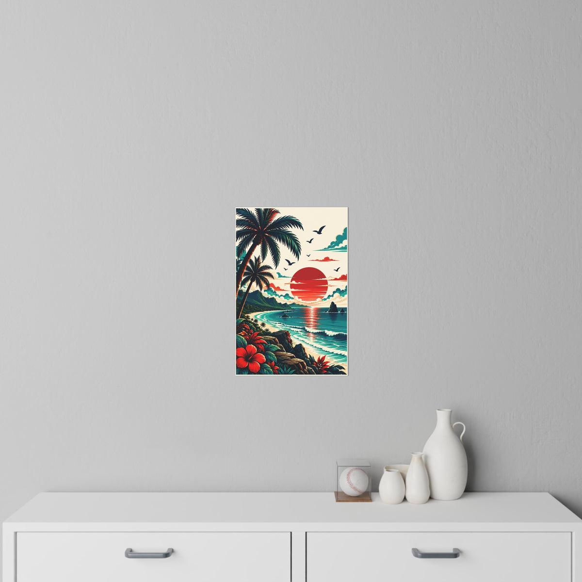 Tropical Sunset Wall Decal — Retro Beach Palm Ocean Scene