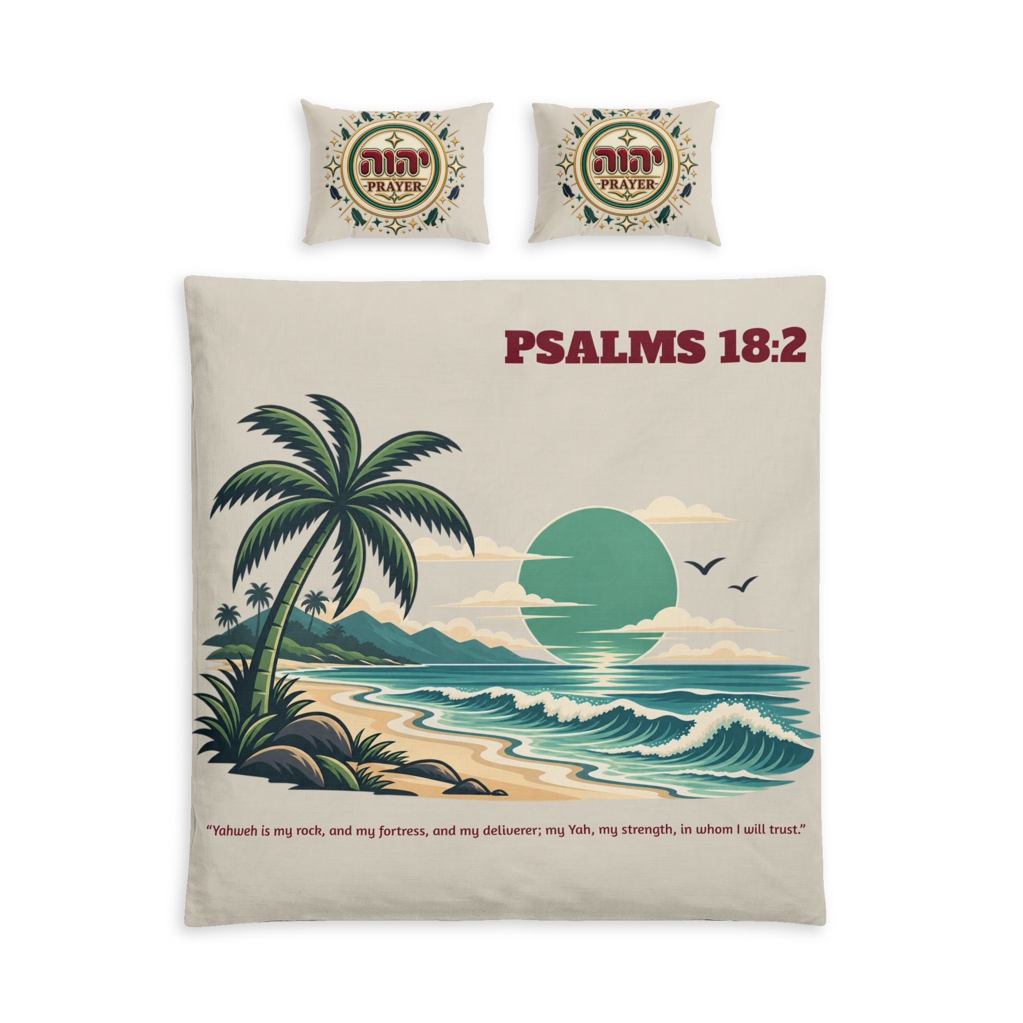 Psalms 18:2 Beach Duvet Cover Set — Christian Cotton Bed Set with Palm Sunset Design