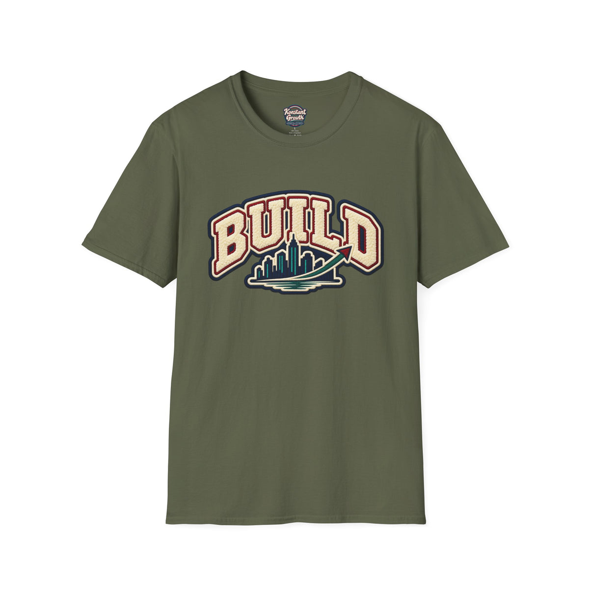 Build City Tee — Retro ‘BUILD’ Graphic T-Shirt with Coastal Cityscape Back Print Printify