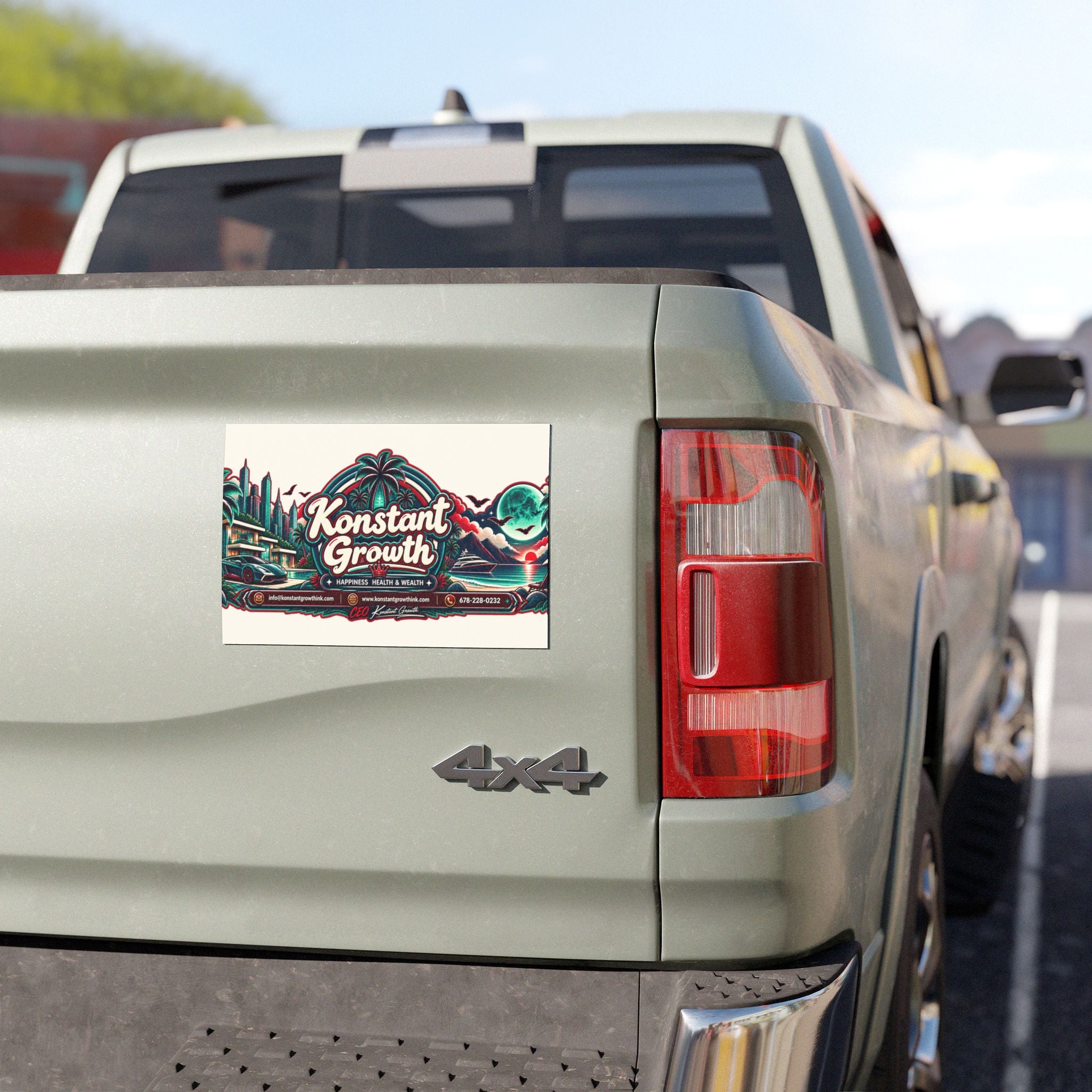 Konstant Growth logo Car Magnet | Retro neon skyline palm trees