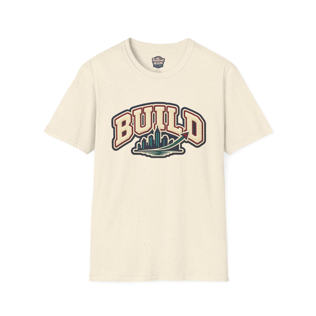 Build City Tee — Retro ‘BUILD’ Graphic T-Shirt with Coastal Cityscape Back Print