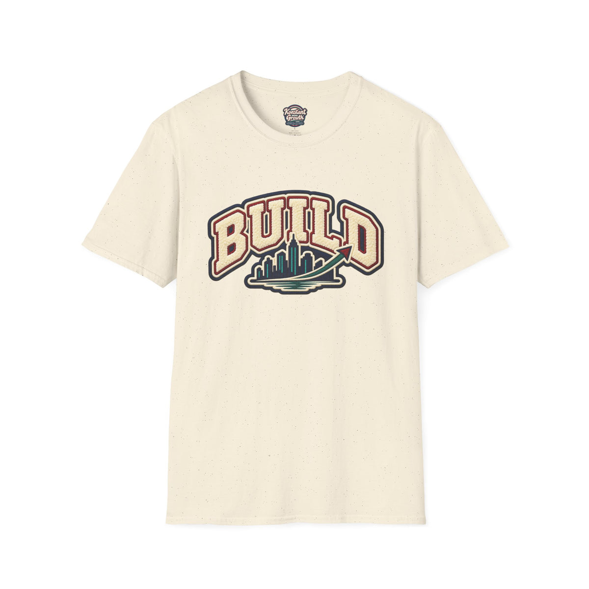 Build City Tee — Retro ‘BUILD’ Graphic T-Shirt with Coastal Cityscape Back Print