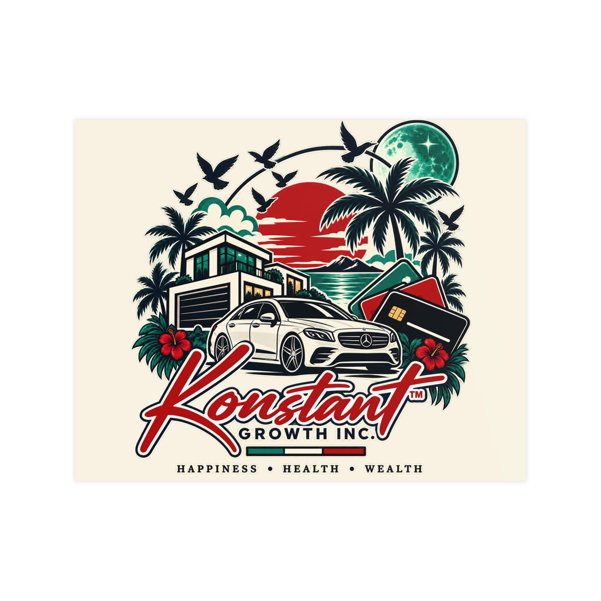 Konstant Growth Vintage Car & Palm Poster — Matte Wall Art (Happiness • Health • Wealth) Printify
