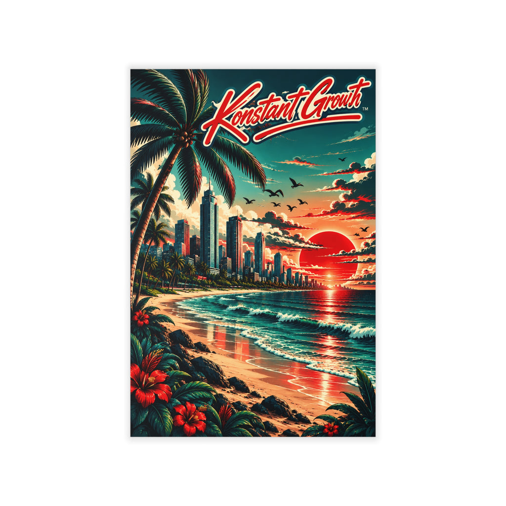 Beach Sunset Wall Decal — 'Konstant Growth' Tropical Cityscape Poster
