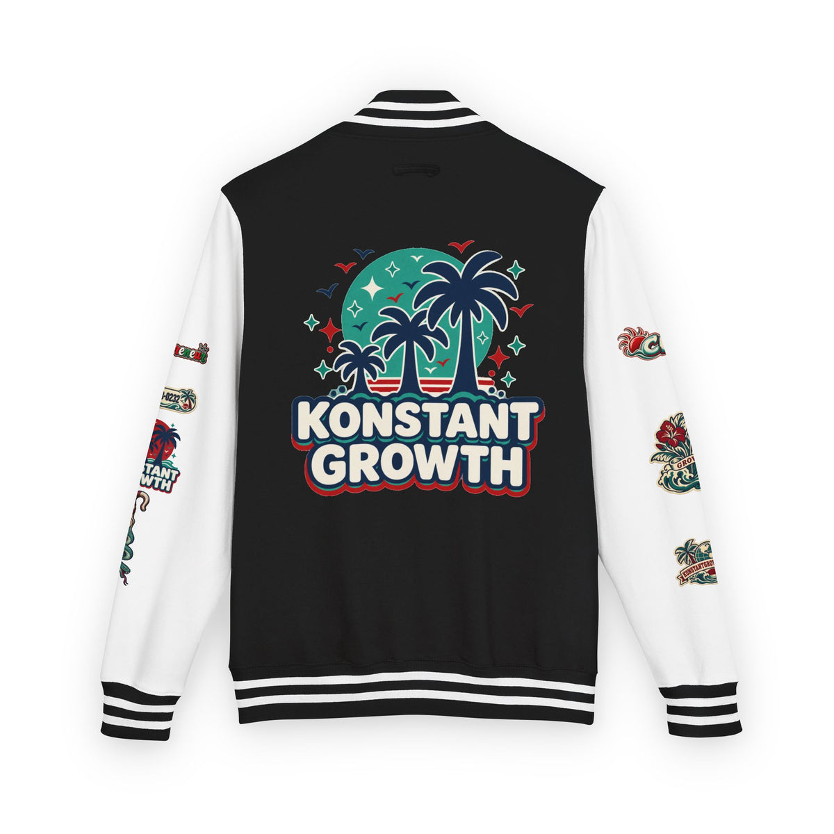 Letterman Jacket — "Konstant Growth" Palm Graphic with "Happiness Health Wealth" Chest Patch Printify
