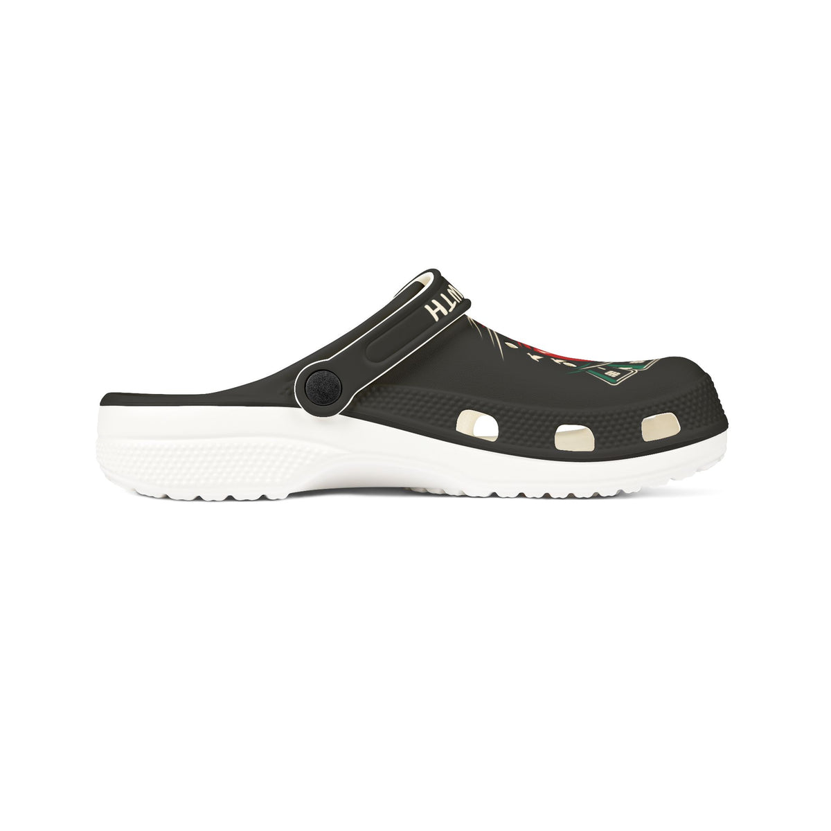Black Graphic Foam Clogs — ‘Konstant Growth’ Retro Sunset Design