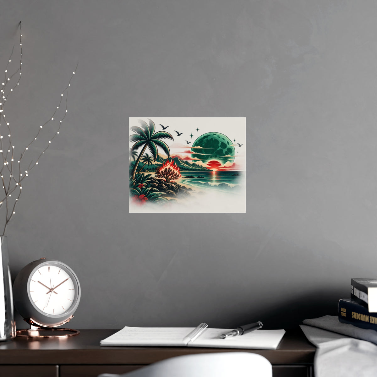 Tropical Moonrise Matte Poster — Retro Sunset Beach Art (Pre-Eclipse Red Sun, Green Moon)