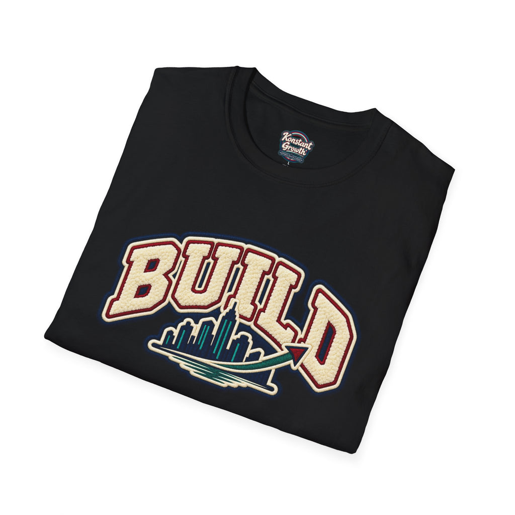 Build City Tee — Retro ‘BUILD’ Graphic T-Shirt with Coastal Cityscape Back Print