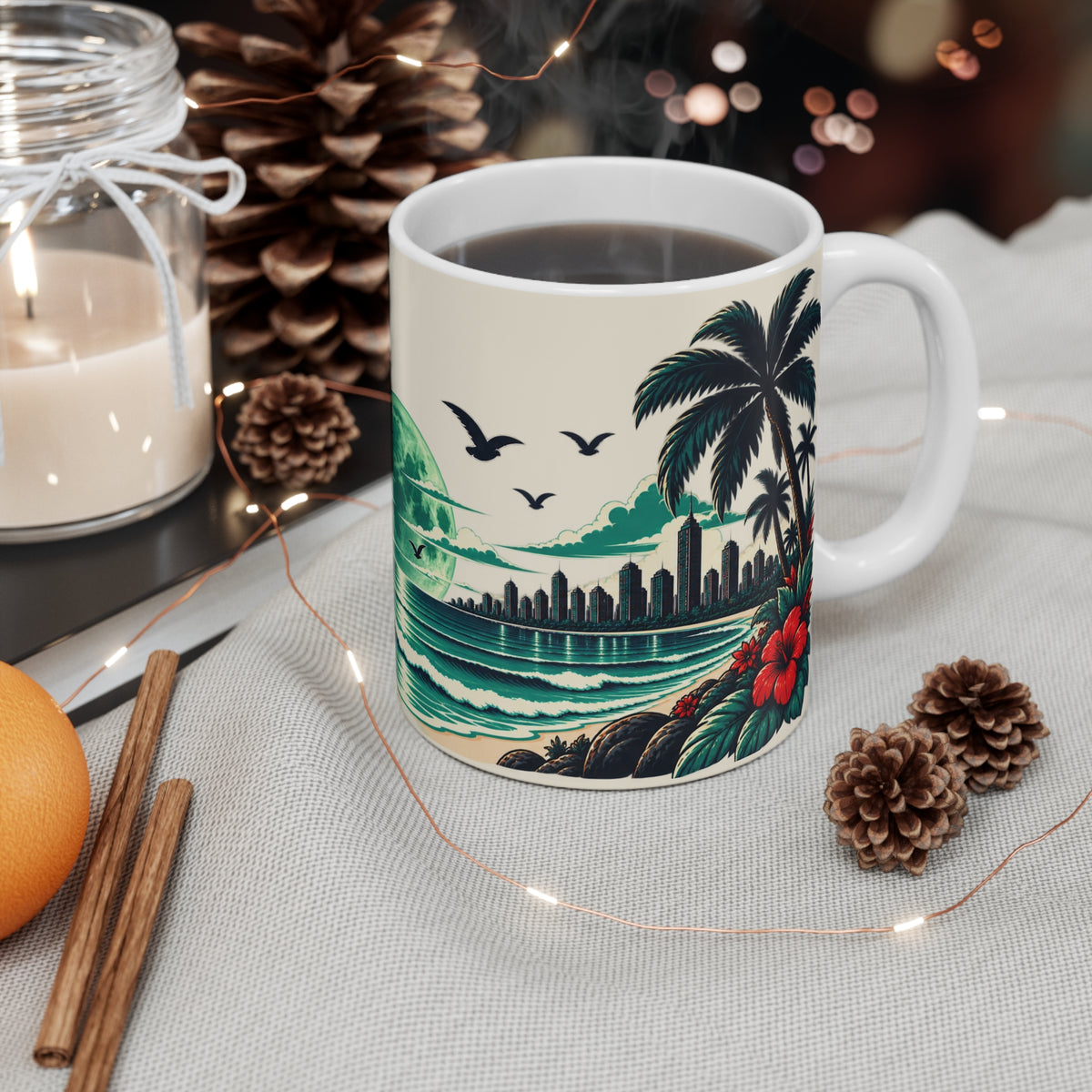 Tropical Moon Beach Mug — Retro Palm Tree Ocean Scene 11oz