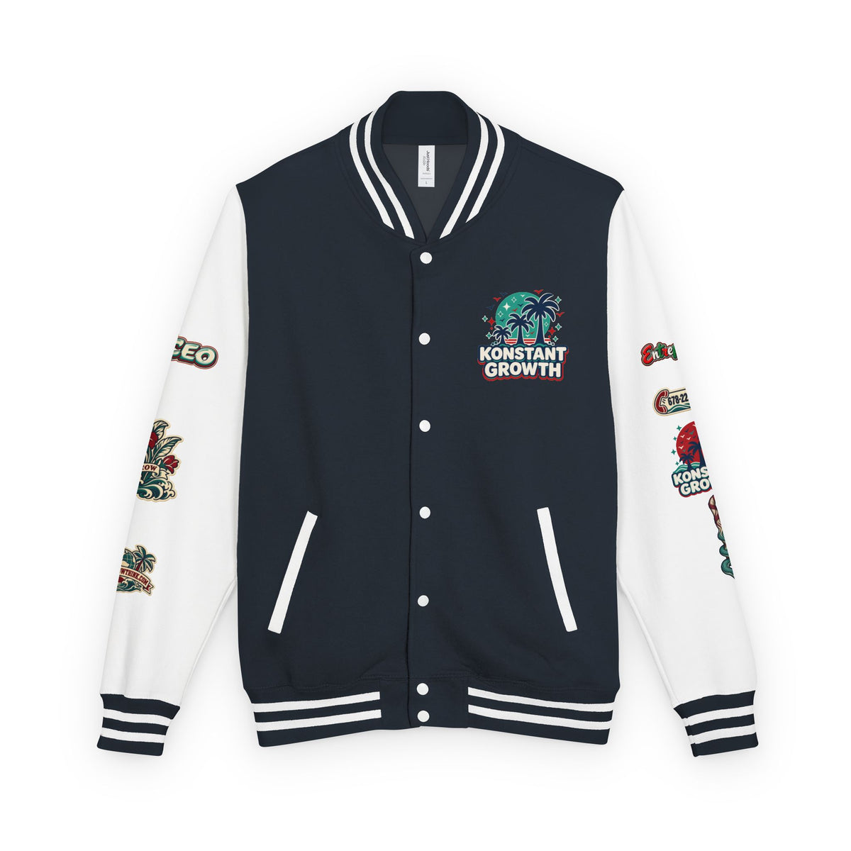 Letterman Jacket — "Konstant Growth" Palm Graphic with "Happiness Health Wealth" Chest Patch Printify