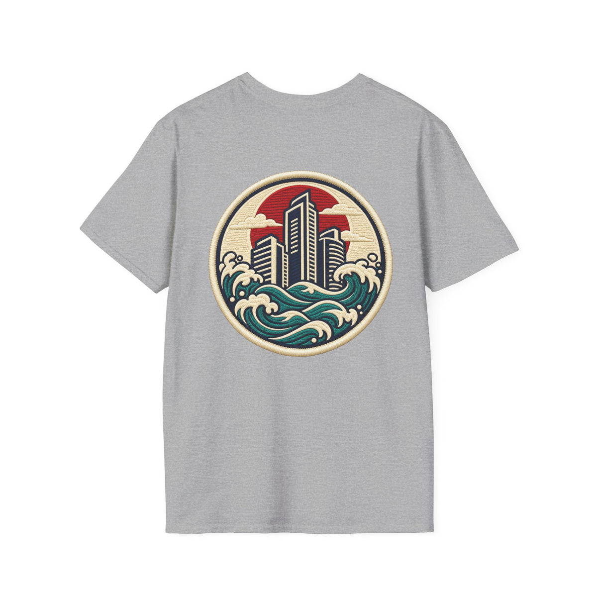 Build City Tee — Retro ‘BUILD’ Graphic T-Shirt with Coastal Cityscape Back Print Printify
