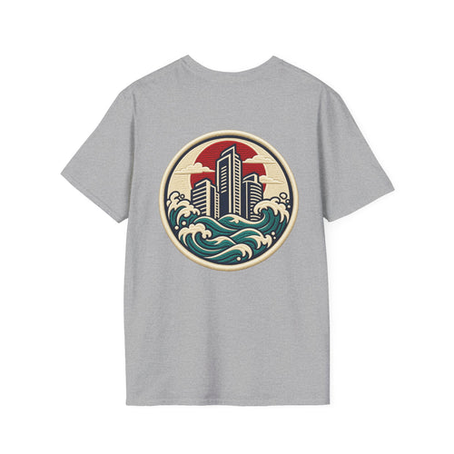 Build City Tee — Retro ‘BUILD’ Graphic T-Shirt with Coastal Cityscape Back Print Printify