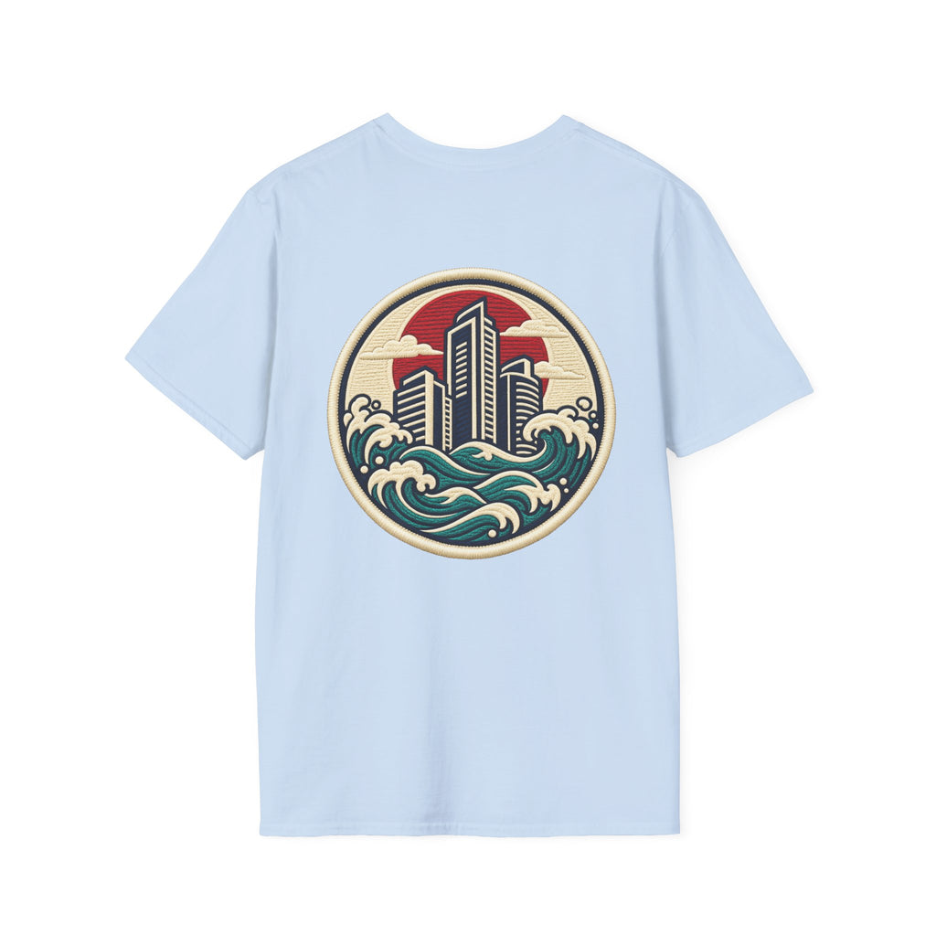 Build City Tee — Retro ‘BUILD’ Graphic T-Shirt with Coastal Cityscape Back Print