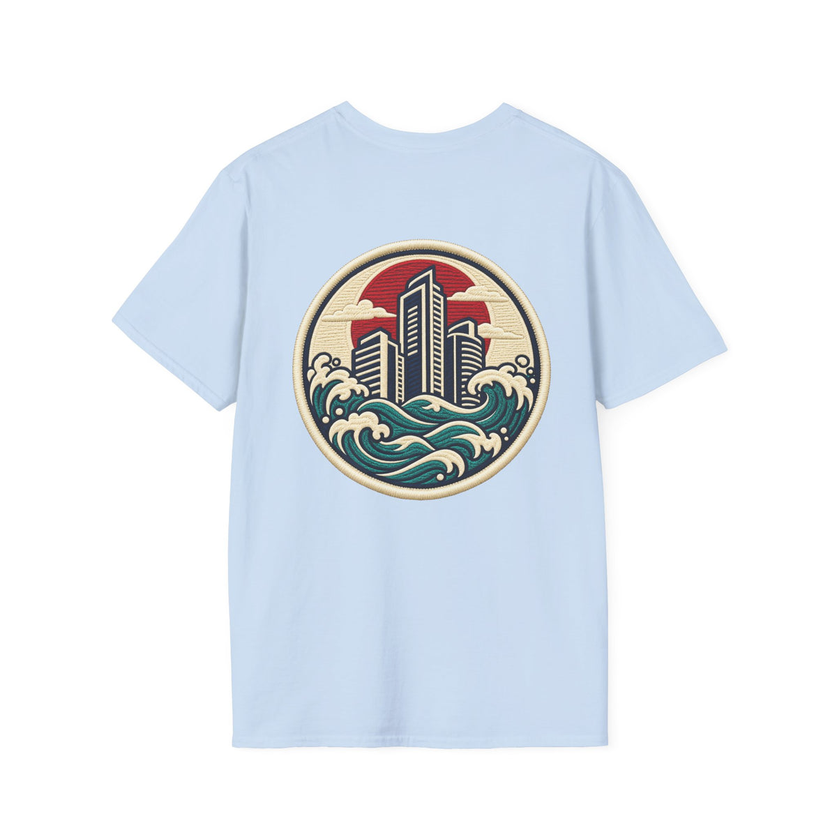 Build City Tee — Retro ‘BUILD’ Graphic T-Shirt with Coastal Cityscape Back Print
