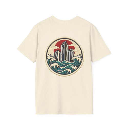 Build City Tee — Retro ‘BUILD’ Graphic T-Shirt with Coastal Cityscape Back Print Printify