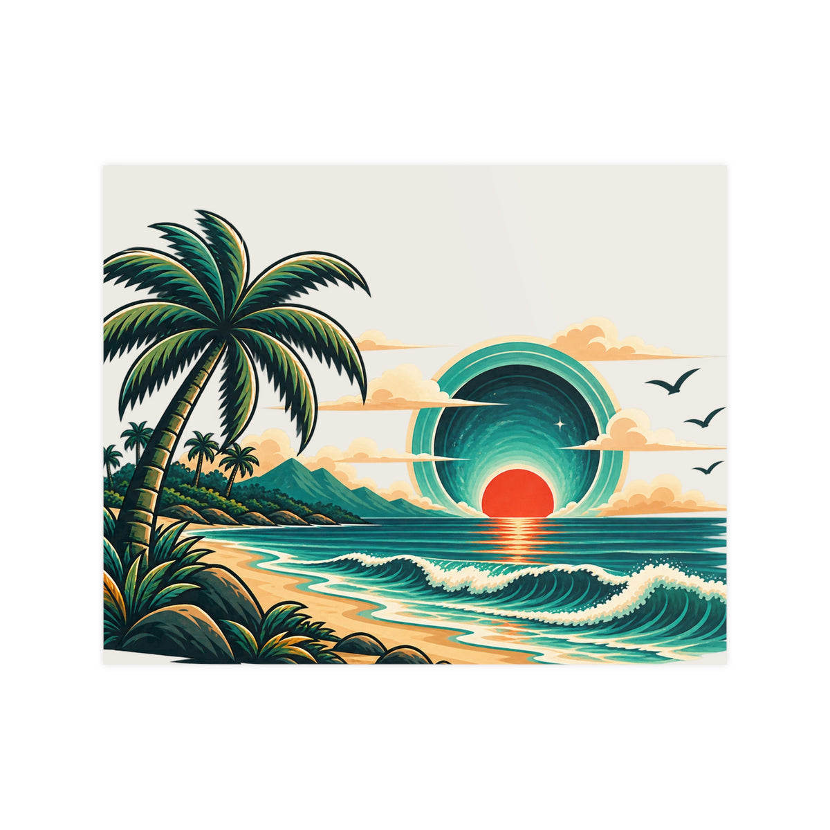 Retro Tropical Sunset Poster | Matte Wall Art, Coastal Palm Beach Print