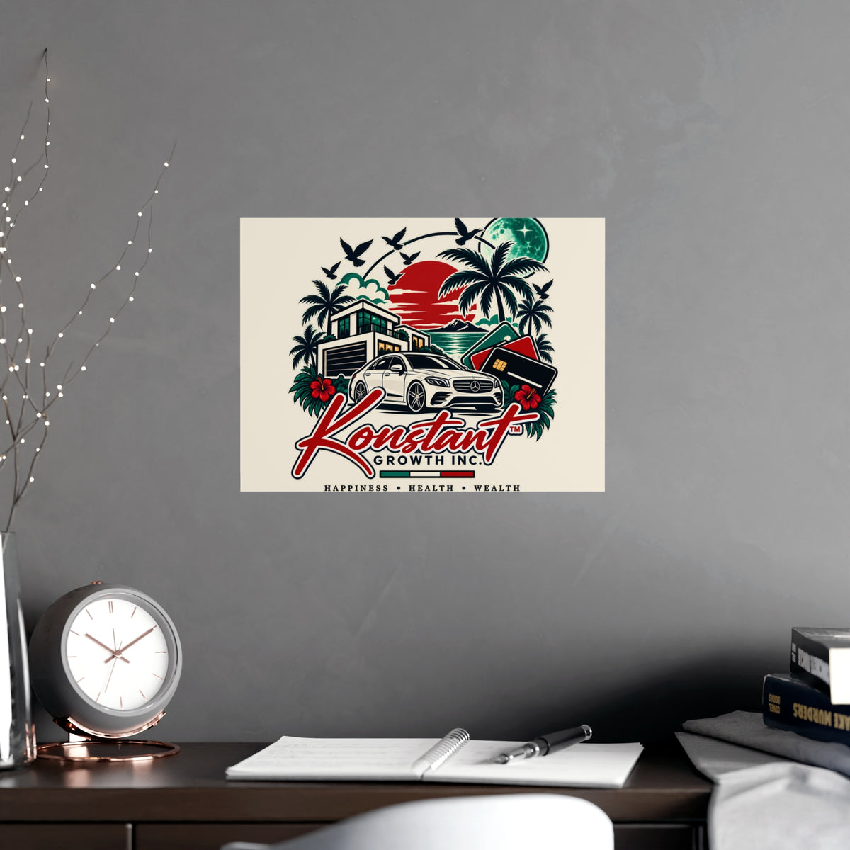 Konstant Growth Vintage Car & Palm Poster — Matte Wall Art (Happiness • Health • Wealth)