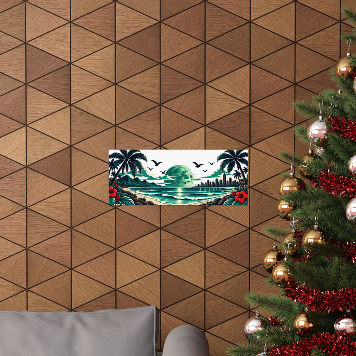 Tropical Beach Poster — Retro Green Moon Coastal Wall Art (Matte Horizontal)
