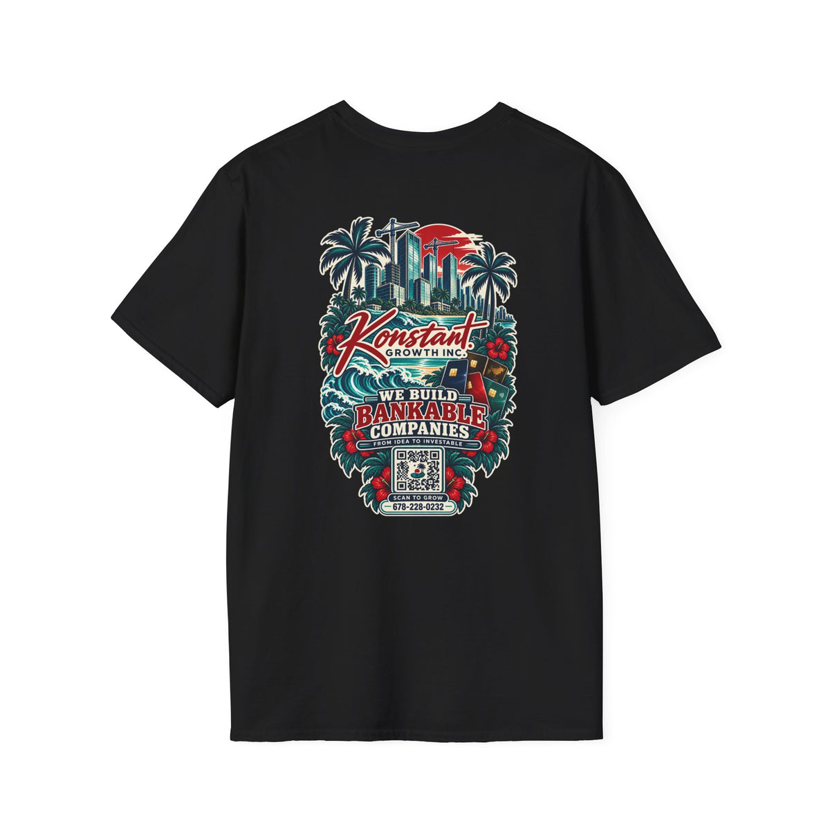 Konstant Growth Co. T‑Shirt — 'We Build Bankable Companies' Tropical Logo Tee Printify