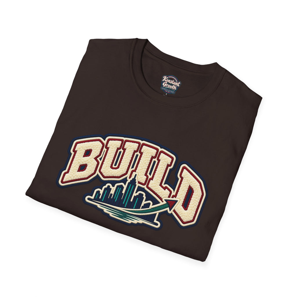 Build City Tee — Retro ‘BUILD’ Graphic T-Shirt with Coastal Cityscape Back Print