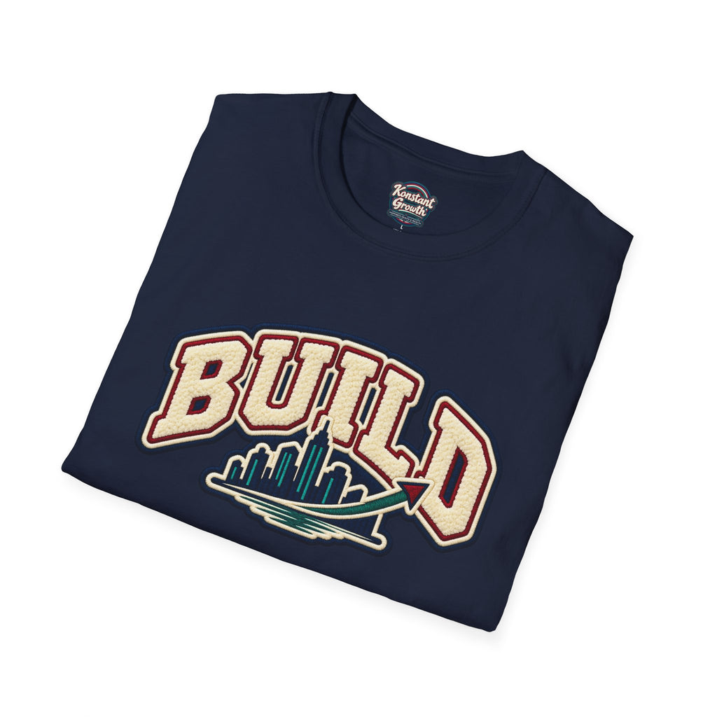 Build City Tee — Retro ‘BUILD’ Graphic T-Shirt with Coastal Cityscape Back Print