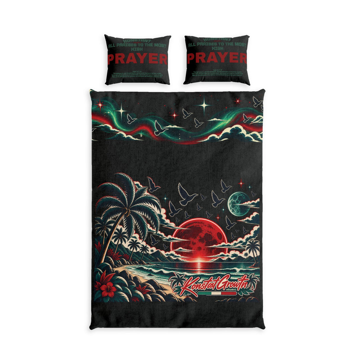 Tropical Night Cotton Bed Set — Retro Sunset Beach Duvet with PRAYER Pillowcases Printify