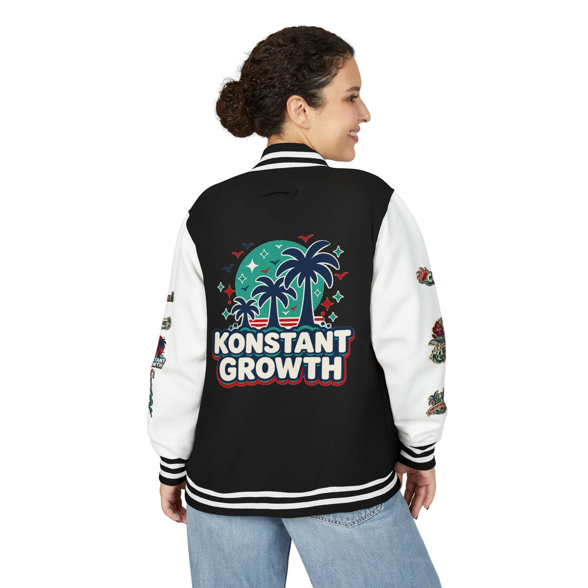 Letterman Jacket — "Konstant Growth" Palm Graphic with "Happiness Health Wealth" Chest Patch Printify