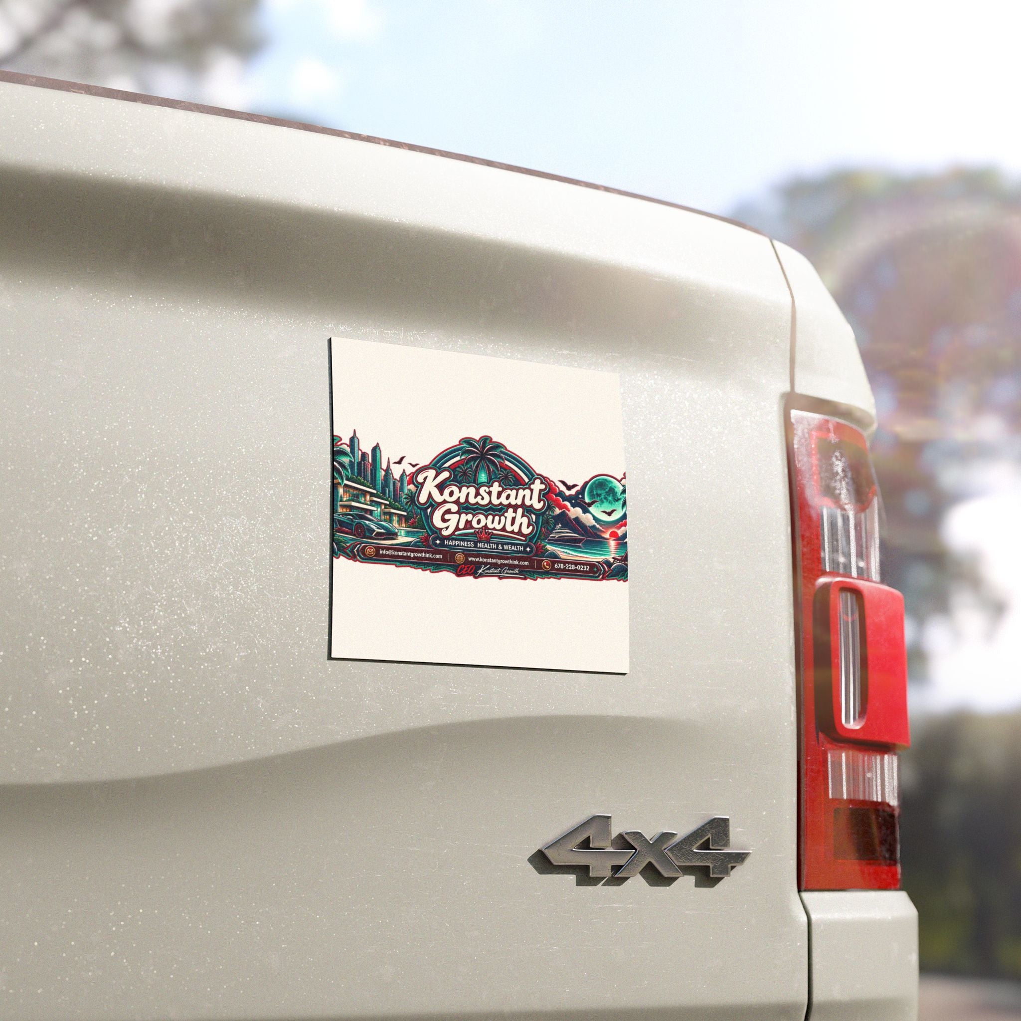 Konstant Growth logo Car Magnet | Retro neon skyline palm trees