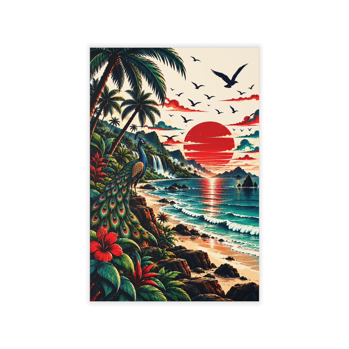 Tropical Sunset Beach Wall Decal — Vintage Peacock Coastal Mural
