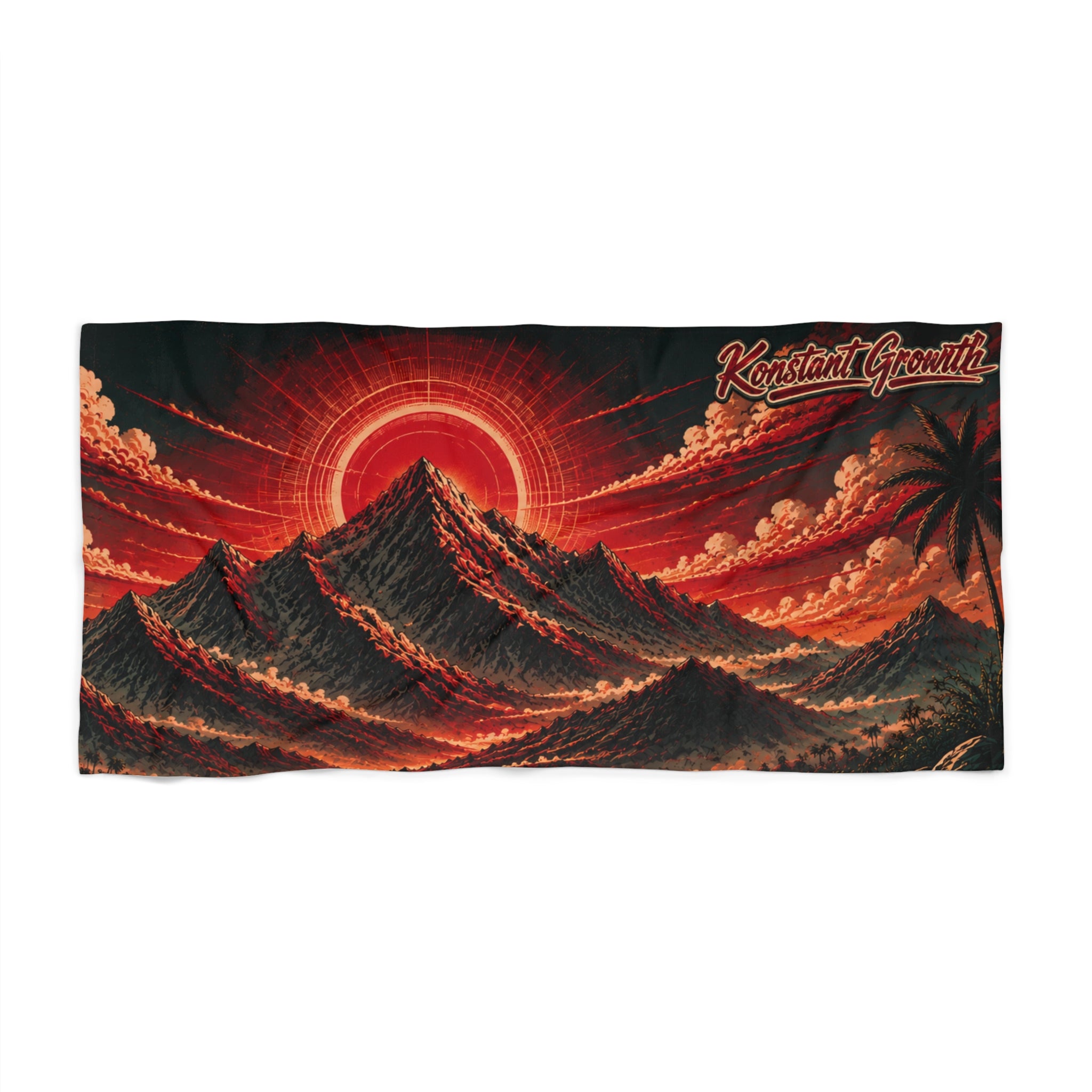 Red Solar Wave Mountain Beach Towel | Sunset Surf Landscape