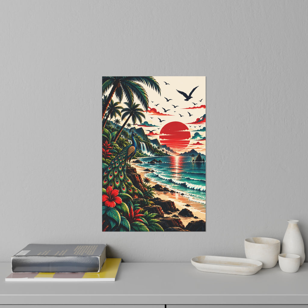 Tropical Sunset Beach Wall Decal — Vintage Peacock Coastal Mural