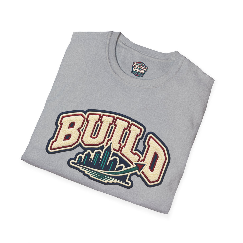 Build City Tee — Retro ‘BUILD’ Graphic T-Shirt with Coastal Cityscape Back Print