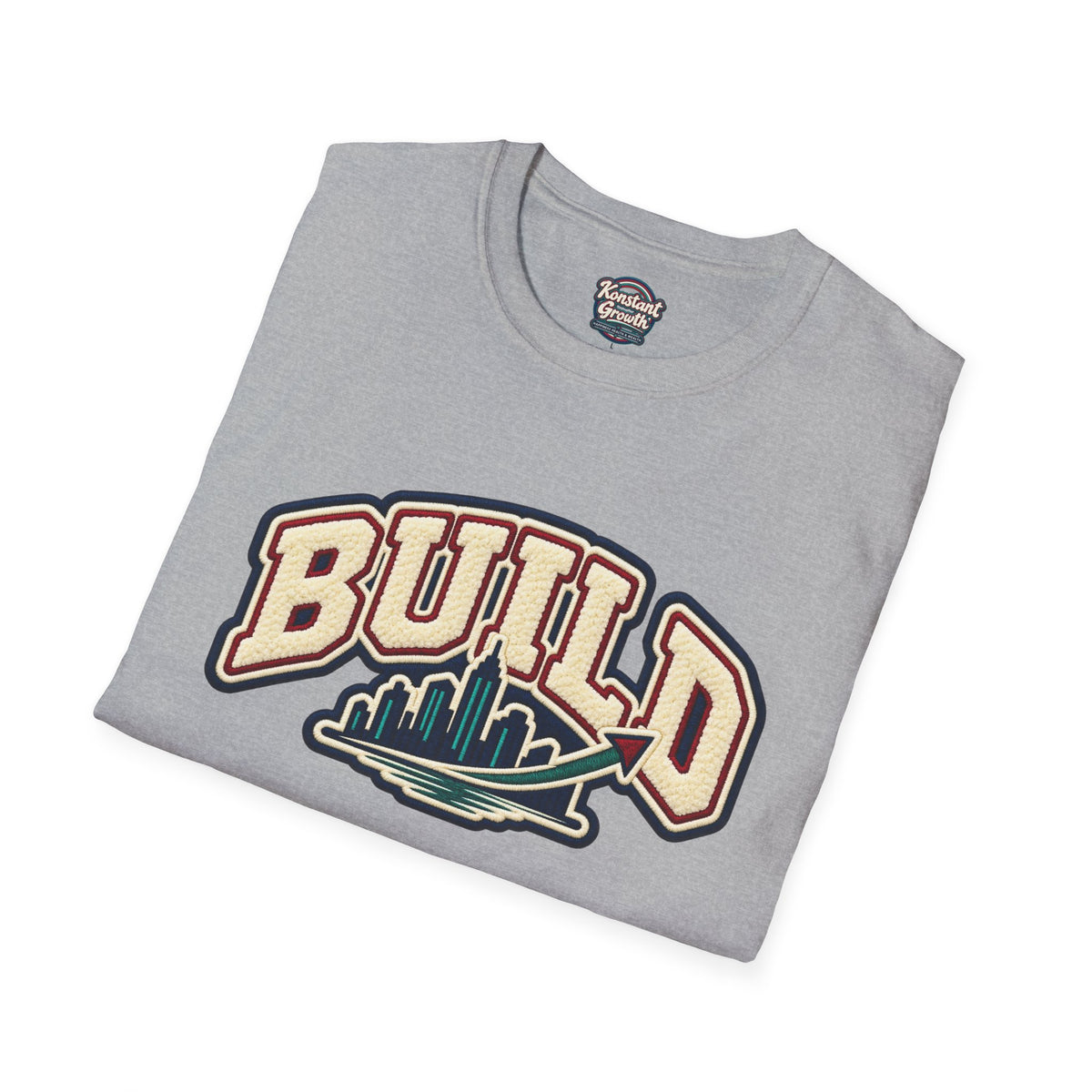 Build City Tee — Retro ‘BUILD’ Graphic T-Shirt with Coastal Cityscape Back Print