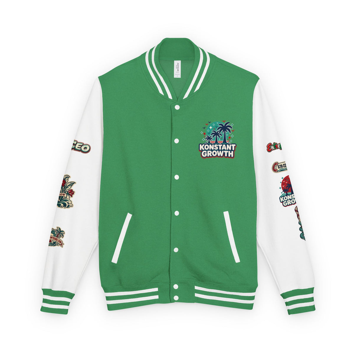 Letterman Jacket — "Konstant Growth" Palm Graphic with "Happiness Health Wealth" Chest Patch Printify