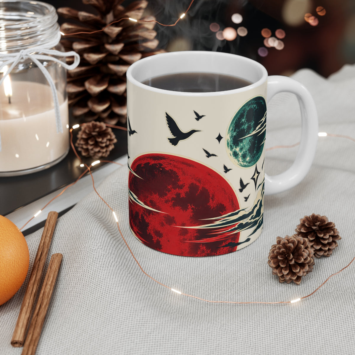 Tropical Sunset Mug — Red Moon, Palm Trees & Flying Birds 11oz