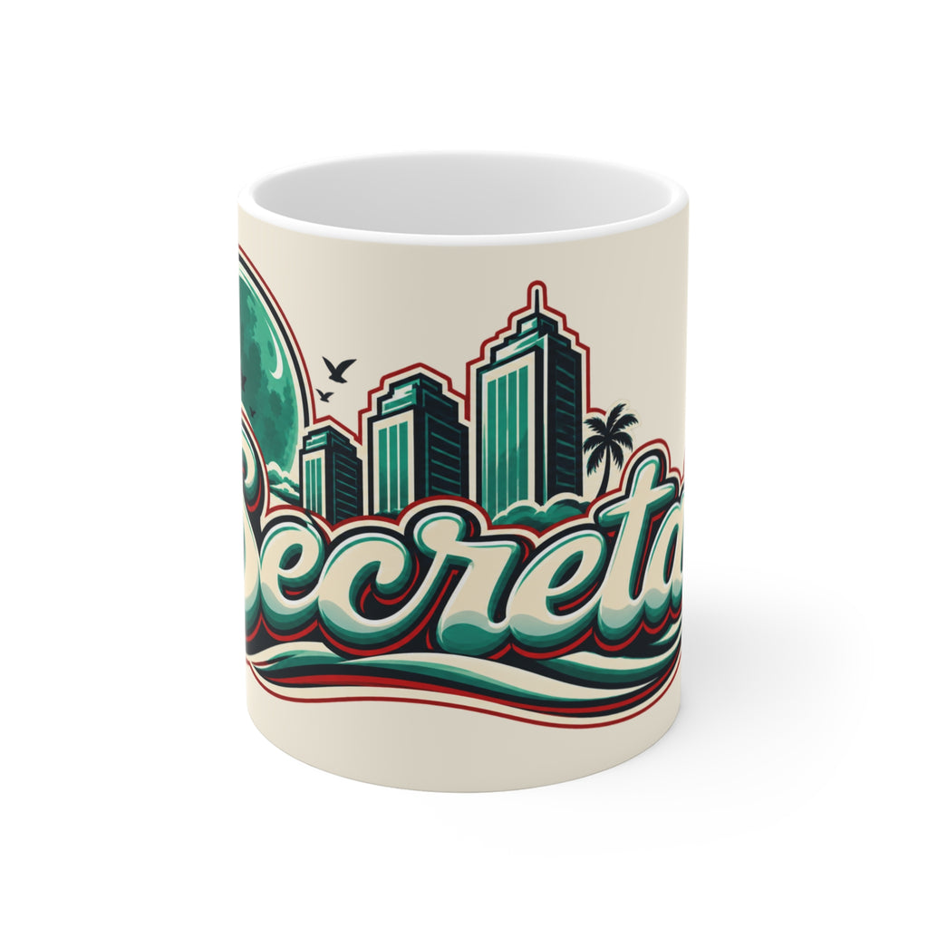 Secret City Vintage Beach Mug — Retro Palm & Skyline 11oz Coffee Cup